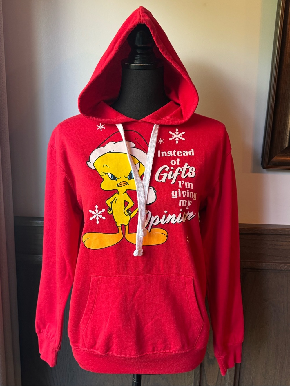Looney Tunes Red Tweety Holiday Hoodie with White Drawstrings